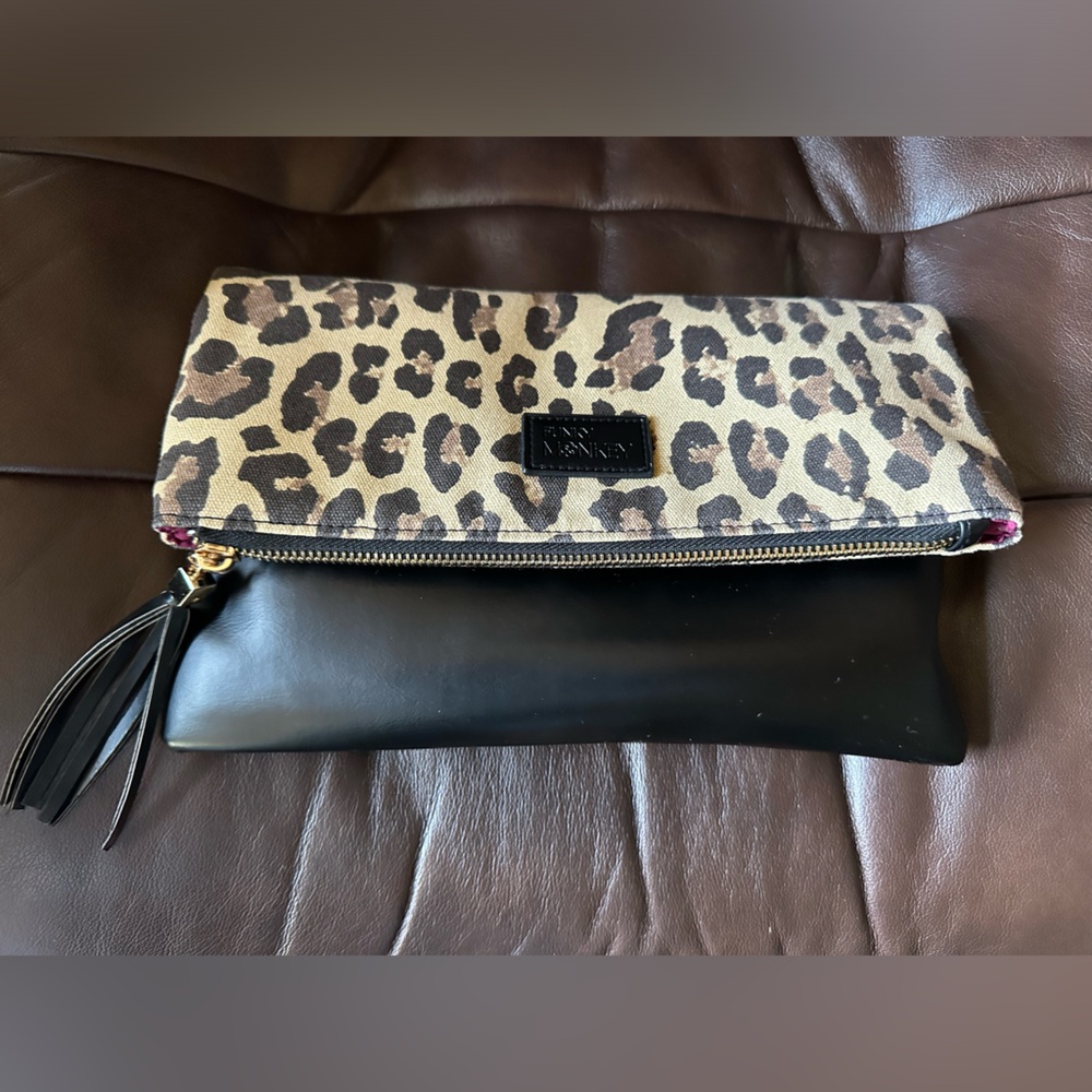 Leopard Print Foldover Clutch with Black Leather Accent